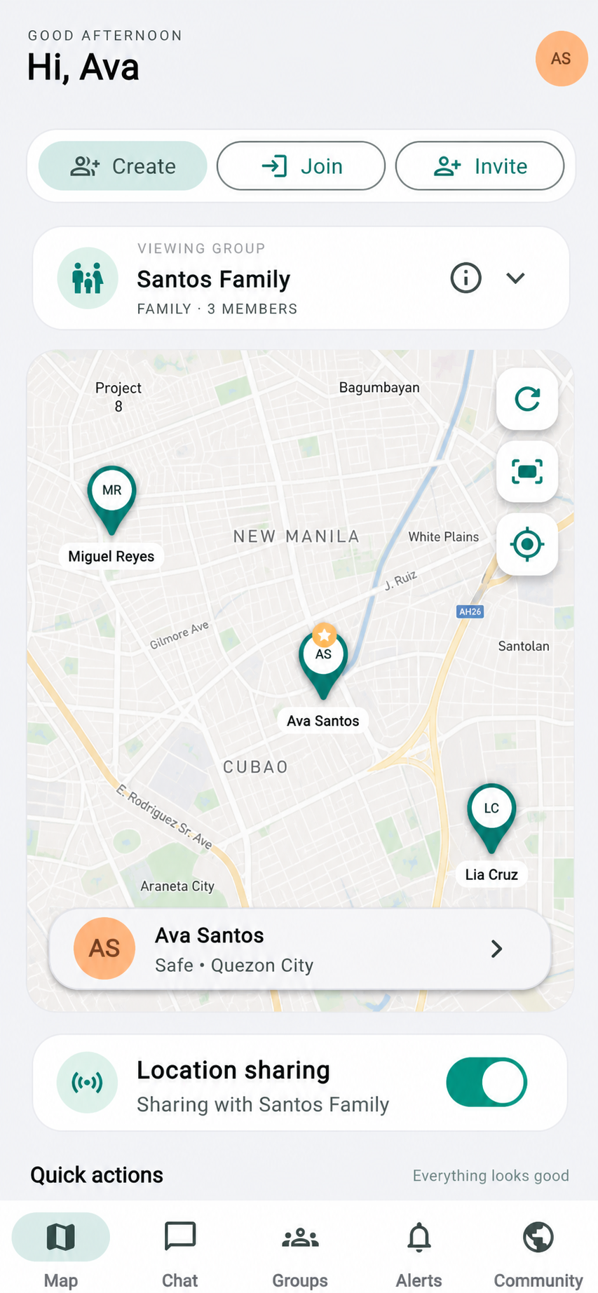Actual LocPointer dashboard using fictional Santos Family demo data